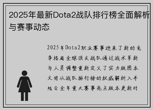 2025年最新Dota2战队排行榜全面解析与赛事动态